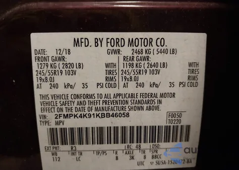 2019 Ford Edge Titanium from USA, damaged, VIN 2FMPK4K91KBB46058